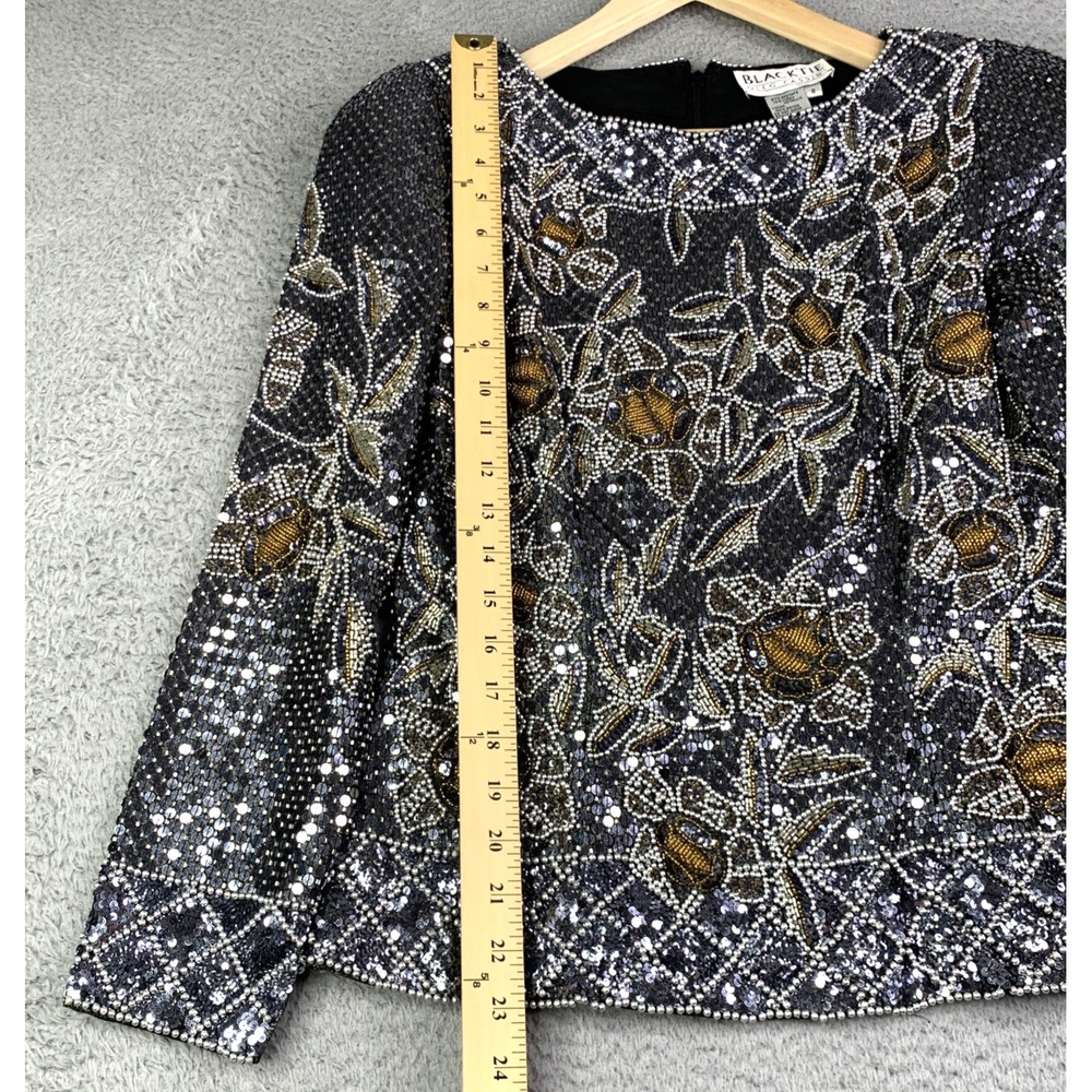Black Tie Oleg Cassini Top Womens Size 8 Beaded Vintage Longsleeve Beautiful - Picture 2 of 14